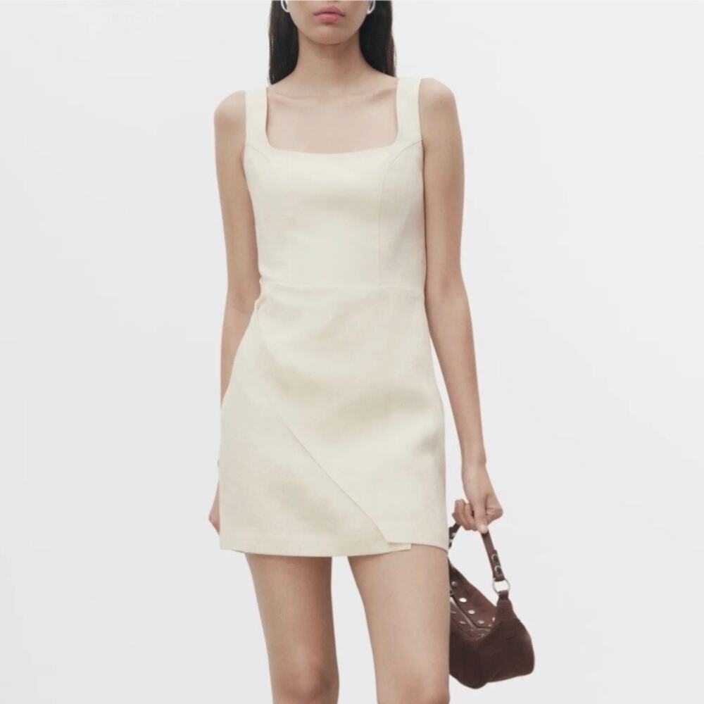 MANGO Cream White Drape Linen Square Neck Sleeveless Mini Dress Size 10